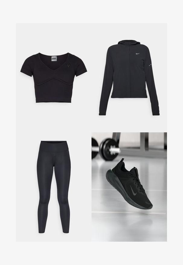 Jachetă neagră cu glugă, cu mâneci lungi, fabricată din material ușor. Dispune de un fermoar frontal, un logo Nike și accente de design subtile.; Top scurt negru cu nervuri, cu mâneci scurte, decolteu în V și detaliu cu cusătură curbată. Prezintă un mic logo triunghiular pe umărul stâng.; Leggings negre dintr-un material neted și elastic. Talie înaltă fără modele sau accente vizibile. Se potrivesc strâns de la talie până la glezne.; Tenisii sport negru cu logo-ul Nike, arătați în aer deasupra podelei de sală de sport, cu un suport pentru haltere neclar în fundal.