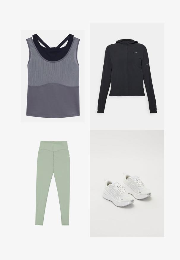 Black hooded jacket with long sleeves, made from lightweight material. Features a front zipper, a Nike logo, and subtle design accents.; Gray athletic tank top with a round neckline, racerback design, and contrasting navy blue accents. Features textured fabric and seamless construction.; Mint green leggings made of stretchy fabric, featuring a high waistband and flat seams for comfort and a streamlined silhouette.; White athletic shoes with a textured mesh upper, cushioned sole, and subtle grey accents. Includes branding and looped heel tab for easy wear.