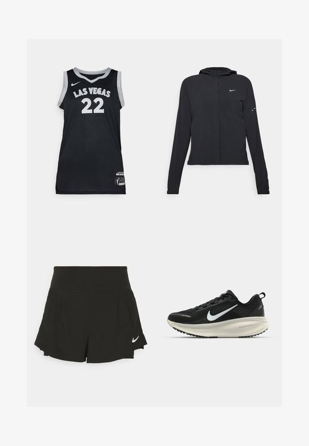 Veste à capuche noire avec des manches longues, fabriquée en matériau léger. Elle comporte une fermeture éclair à l'avant, un logo Nike et des accents de design subtils.; Maillot de basket noir avec "LAS VEGAS" et le numéro "22" en blanc. Fabriqué en tissu en maille, il présente des bordures grises et une étiquette sur l'ourlet.; Shorts de sport noirs avec une large taille, des détails plissés, un ourlet arrondi et un logo Nike blanc sur le coin inférieur droit.; Baskets de course noir Nike avec tige respirante en mesh, logo swoosh blanc, détails texturés et semelle intermédiaire ZoomX de couleur crème.