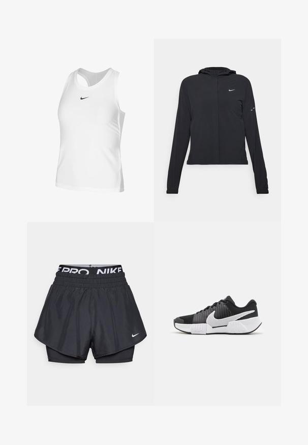 Melnā kapuci jaka ar garām piedurknēm, izgatavota no viegla materiāla. Tam ir priekšējais rāvējslēdzis, Nike logo un smalki dizaina akcenti.; Balts sporta topiņš, izgatavots no gludas auduma, ar apaļu kakla izgriezumu, atvērtu aizmuguri un nelielu melnu Nike logo uz krūtīm.; Melnas sporta šortus ar slāņotu dizainu, kas ietver elpojošu ārējo slāni, elastīgu jostasvietu ar zīmolu un mazu logotipu priekšā.; Melna un balta sporta apavi ar strukturētu augšdaļu, izteiksmīgu Nike logo un atšķirīgu zoles dizainu, kas uzlabo saķeri un stabilitāti.
