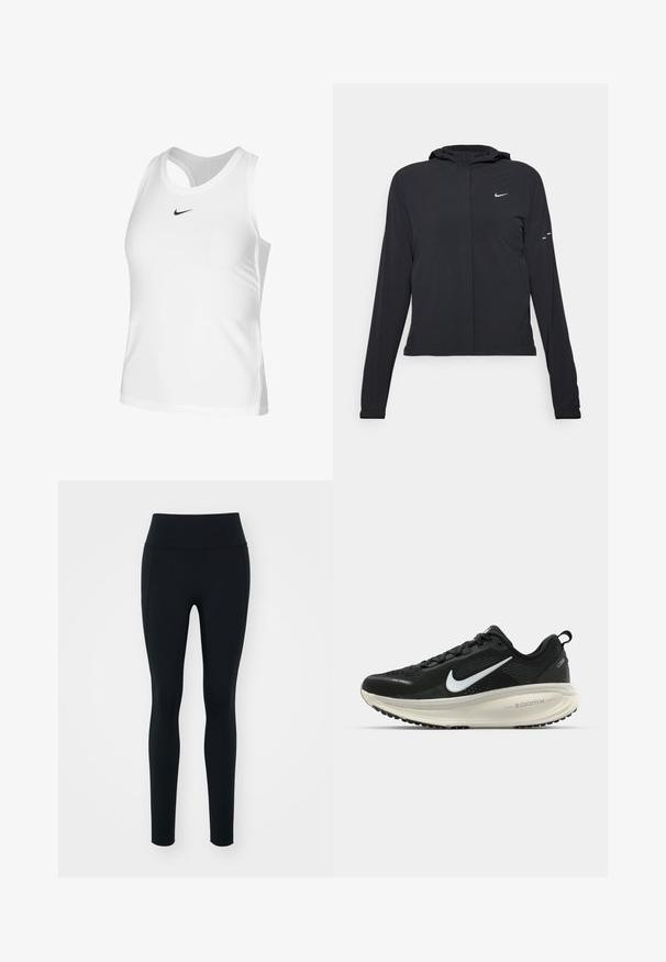 Svart hettegenser med lange ermer, laget av lett materiale. Har glidelås foran, Nike-logo og subtile design detaljer.; Hvit atletisk tanktopp laget av glatt materiale, med rund hals, åpen rygg og en liten svart Nike-logo på brystet.; Svart leggings laget av elastisk materiale med høy midje. Glatt tekstur, tettsittende design og ingen synlige detaljer eller mønstre.; Svart Nike løpesko med pustende mesh-overdel, hvit swoosh-logo, teksturert detaljer og en kremfarget ZoomX mellomsåle.
