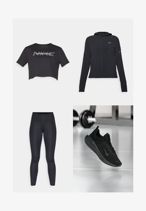 Casaco preto com capuz e mangas longas, feito de material leve. Apresenta um fecho dourado na frente, um logótipo da Nike e detalhes de design subtis.; Nike Performance PRO TEE - T-shirt desportiva - black; Leggings pretas feitos de um tecido liso e elástico. Cintura alta sem padrões ou detalhes visíveis. Ajustam-se de forma justa da cintura até os tornozelos.; Sapatilha desportiva preta com o logotipo da Nike, mostrada em pleno ar sobre o chão do ginásio, com um suporte de halteres desfocado ao fundo.