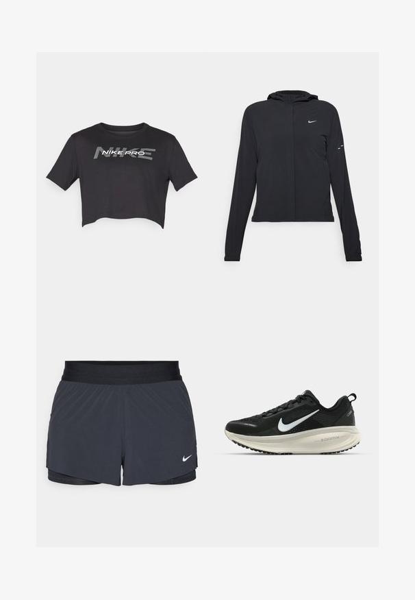 Černá kapucňová bunda s dlouhými rukávy, vyrobená z lehkého materiálu. Obsahuje přední zip, logo Nike a decentní designové akcenty.; Nike Performance PRO TEE - Sportovní tričko - black; Černé sportovní kraťasy s elastickým pasem, které mají vrstvený design a malé bílé logo Nike na dolním levém rohu. Lehce materiál.; Černá běžecká obuv Nike s prodyšným síťovaným svrškem, bílým logem swoosh, texturovanými detaily a krémovou mezipodešví ZoomX.