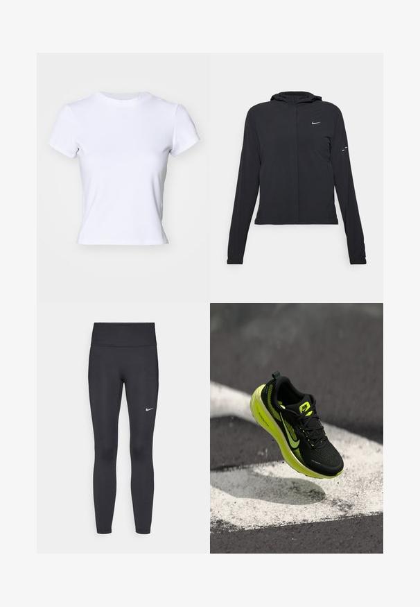 Čierna kapucňová bunda s dlhou rukávou, vyrobená z ľahkého materiálu. Má predný zips, logo Nike a jemné dizajnové akcenty.; Biele tričko vyrobené z mäkkej tkaniny, s okrúhlym výstrihom a krátkymi rukávmi, má priliehavý strih a malý logotyp blízko výstrihu.; Čierne legíny z elastického materiálu, s vysokým pásom a bielym logom Nike na ľavom stehne. Hladká textúra, priliehavý dizajn.; Čierna bežecká obuv so žltými akcentmi, sieťovinovým zvrškom, textúrovaným vzorom a výrazným logom značky. Ľahká pena na podrážke pre odpruženie.
