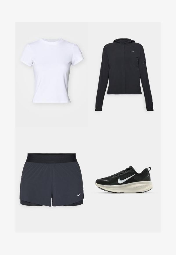 Black hooded jacket with long sleeves, made from lightweight material. Features a front zipper, a Nike logo, and subtle design accents.; White t-shirt made of soft fabric, features a round neck and short sleeves, with a fitted design and small logo detail near the neckline.; Black athletic shorts with an elastic waistband, featuring a layered design and a small white Nike logo on the lower left. Lightweight material.; Black Nike running shoe with breathable mesh upper, white swoosh logo, textured detailing, and a cream-colored ZoomX midsole.