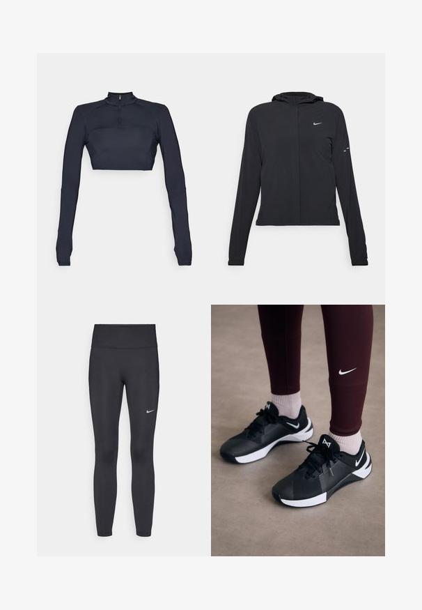 Fekete kapucnis dzseki hosszú ujjakkal, könnyű anyagból készült. Elülső cipzárral, Nike logóval és diszkrét dizájn elemekkel rendelkezik.; Tengerészkék, hosszú ujjú, rövid fazonú felső, álló gallérral és negyed cipzárral, texturált vállpanelek kiemeléssel és testhez simuló szabással.; Fekete leggings elasztikus anyagból, magas derékkal és fehér Nike logóval a bal combon. Simább textúra, testhez álló kialakítás.; Fekete sportcipők texturált felsőrésszel és fehér akcentussal, fűzőkkel és oldalsó logóval. Bordó leggingsszel és világos zoknival viselve.