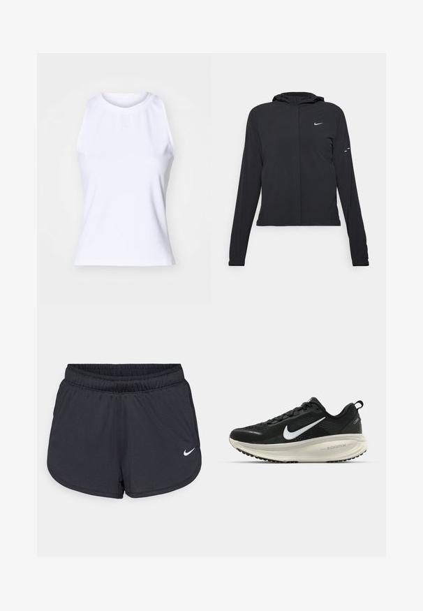 Juodas gobtuvas striukė su ilgomis rankovėmis, pagaminta iš lengvo audinio. Pasižymi priekiniais užtrauktukais, Nike logotipu ir subtiliais dizaino akcentais.; Balta be rankovių marškinėliai, pagaminti iš glotnaus medvilnės mišinio audinio. Turi apvalią kaklo iškirptę ir subtilią logotipo siuvinėjimą priekyje.; Juodos sportinės šortai, pagaminti iš lengvos, kvėpuojančios medžiagos. Turi elastingą juosmenį ir baltą Nike logotipą apatinėje dešinėje pusėje.; Juodas Nike sportinis batelis su kvėpuojančiu tinklu, baltu swoosh logotipu, tekstūruoto dizaino detalėmis ir grietinėlės spalvos ZoomX viduriu.