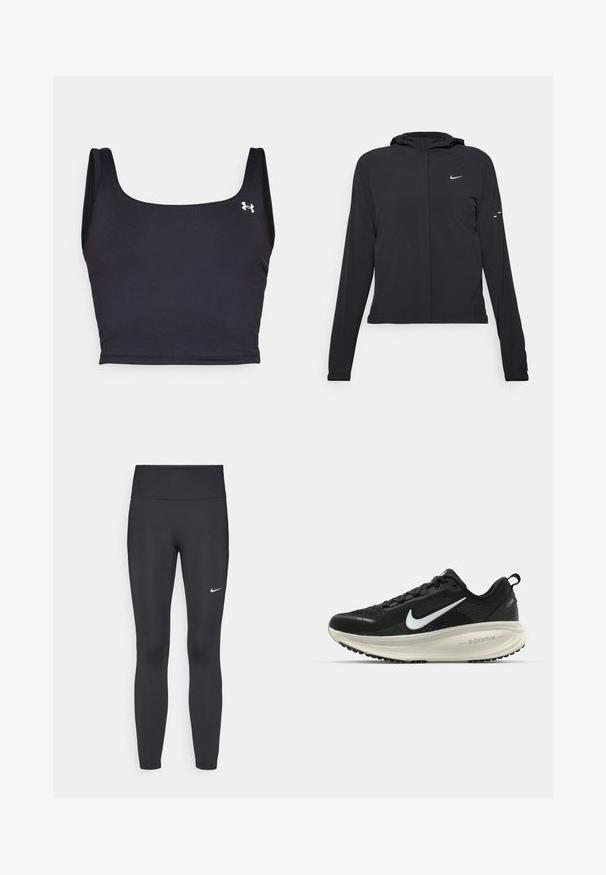 Must musta kapuutsiga jakk, millel on pikad varrukad ja mis on valmistatud kergetest materjalidest. Omab esitaskut, Nike logo ja kergelt silmatorkavaid disainiaktsente.; Mustvalge spordikrop, mis on valmistatud siledast materjalist, ruudukujulise kaelusega ja laiemate rihmadega. Küljel on väike valge logo.; Mustad mustadest leggingid, mis on valmistatud venivast kangast, kõrge vöökoha ja valge Nike logo abil vasakul reiel. Sile tekstuur, keha järgiv disain.; Musthave mustus Nike jooksujalats, millel on hingav võrgust ülemine osa, valge swoosh logo, tekstuuriga detailid ja kreemja värvusega ZoomX vahevöö.