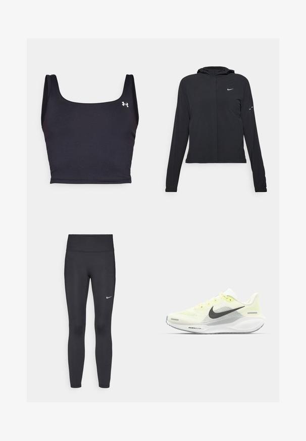 Czarna kurtka z kapturem, z długimi rękawami, wykonana z lekkiego materiału. Posiada zamek błyskawiczny z przodu, logo Nike oraz subtelne akcenty wzornicze.; Czarny sportowy crop top wykonany z gładkiego materiału, z kwadratowym dekoltem i szerokimi ramiączkami. Zawiera małe białe logo z boku.; Czarne legginsy z elastycznego materiału, z wysokim pasem i białym logo Nike na lewym udzie. Gładka tekstura, dopasowany krój.; Biegi Nike z lekką żółtą i białą siateczką cholewy, szarymi akcentami i elastyczną gumową podeszwą. Posiada klasyczne sznurowanie.