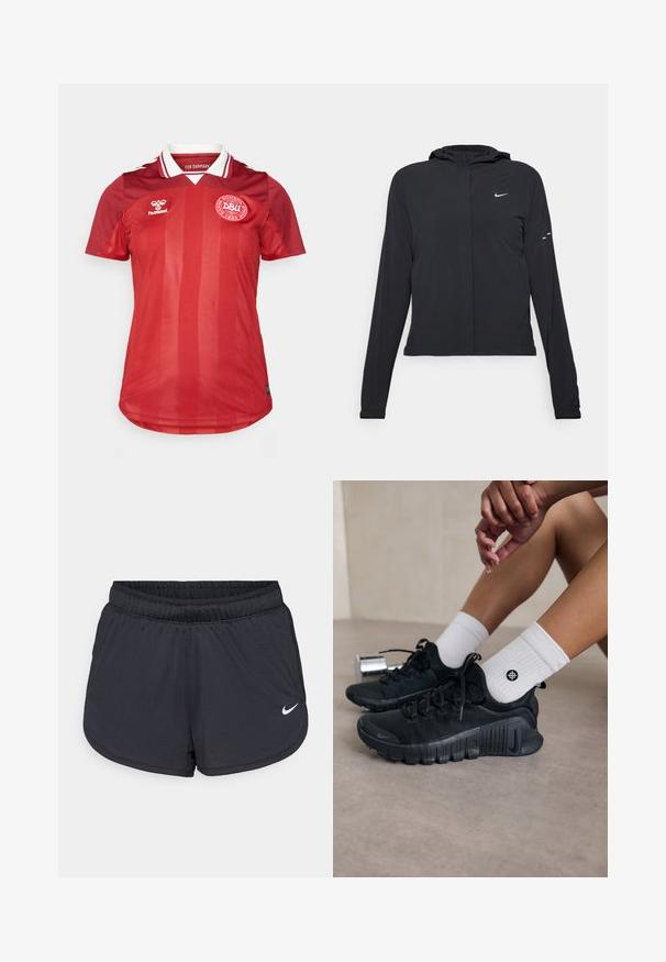 Černá kapucňová bunda s dlouhými rukávy, vyrobená z lehkého materiálu. Obsahuje přední zip, logo Nike a decentní designové akcenty.; Červený dánský fotbalový dres s bílým límečkem, logem hummel na pravé straně hrudi a emblémem Dánské fotbalové unie na levé straně hrudi.; Černé atletické šortky s elastickým pasem, sportovním designem a bílým logem Nike na spodní přední straně. Texturovaná látka.; Černé sportovní boty s texturovanou látkou, šněrováním a výraznou podrážkou, v kombinaci s bílými žebrovanými ponožkami s malým logem.