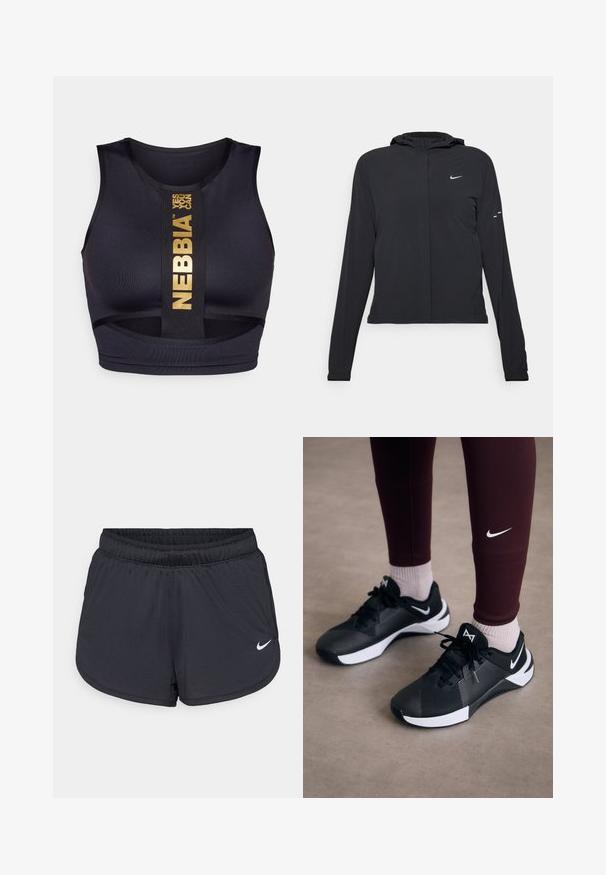 Jachetă neagră cu glugă, cu mâneci lungi, fabricată din material ușor. Dispune de un fermoar frontal, un logo Nike și accente de design subtile.; Sutien sport negru cu un design ajustat. Prezintă un logo și text auriu pe un band central. Fabricat dintr-un material neted și elastic.; Pantaloni scurți atletici negri cu talie elastică, cu un design sportiv și logo-ul alb Nike pe partea frontală inferioară. Material texturat.; Pantofi sport negri cu un superior texturat și accente albe, având șireturi și un logo pe lateral. Purtați cu colanți cărămizii și șosete deschise la culoare.