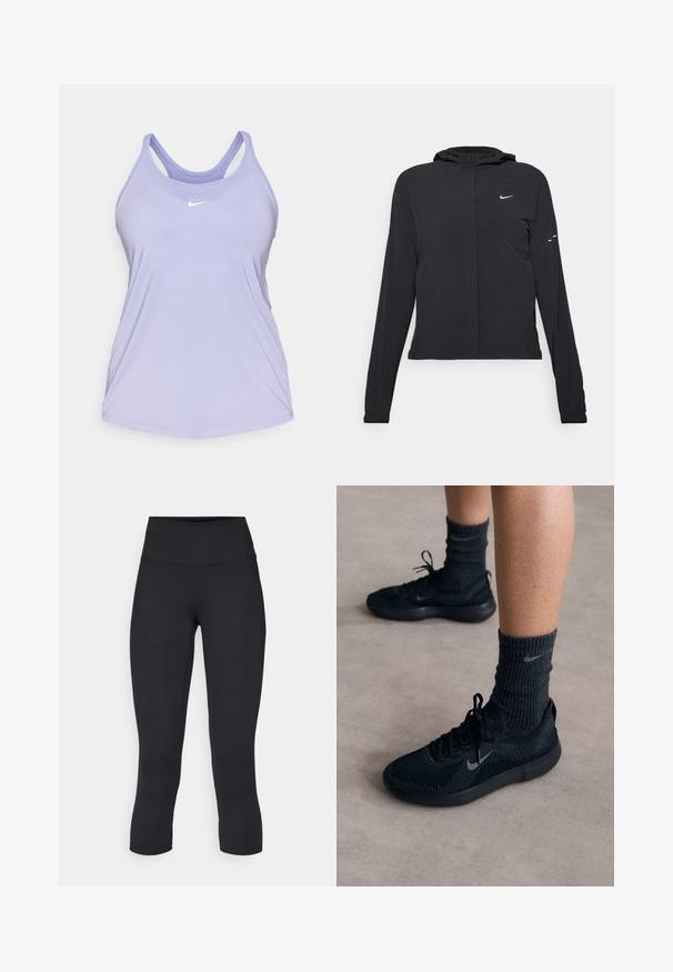 Schwarze Kapuzenjacke mit langen Ärmeln, aus leichtem Material gefertigt. Sie hat einen vorderen Reißverschluss, ein Nike-Logo und dezente Designelemente.; Hellblaues Nike Tanktop mit figurbetontem Design, dünnen Trägern und einem kleinen weißen Logo in der Mitte der Brust. Glatte Stofftextur.; Schwarze, cropped Leggings aus dehnbarem Material, mit einem hohen Bund und glatter Textur, ohne sichtbare Muster oder Hardware.; Schwarze Nike-Sneaker mit einem strukturierten Strickobermaterial, ausgestattet mit einem grauen Swoosh-Logo, kombiniert mit dunklen gerippten Socken. Flache Gummisohle.