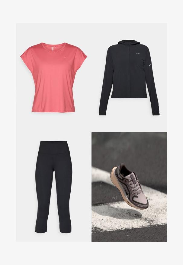 Fekete kapucnis dzseki hosszú ujjakkal, könnyű anyagból készült. Elülső cipzárral, Nike logóval és diszkrét dizájn elemekkel rendelkezik.; Rövid ujjú korall színű póló sima anyagból, kerek nyakkivágással és laza szabással. A bal felső részen minimális márkajelzéssel rendelkezik.; Fekete, rövidített leggings elasztikus anyagból, magas derékkal és sima textúrával, látható minták vagy fémalkatrészek nélkül.; Világoslila sportcipő szürke kiegészítőkkel, többrétegű szintetikus felsőrésszel, fűzőkkel és egy bézs talppal, amelyen jól látható profilminta található.