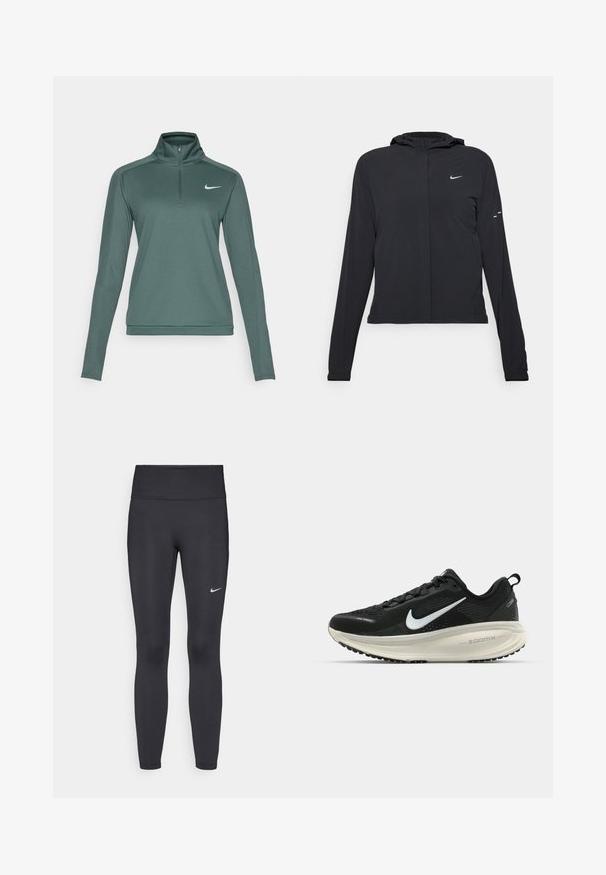 Svart hettegenser med lange ermer, laget av lett materiale. Har glidelås foran, Nike-logo og subtile design detaljer.; Nike Performance DRI-FIT PACER - Topper langermet - vintage green/reflective silver; Sorte leggings laget av elastisk stoff, med høy livlinje og en hvit Nike-logo på venstre lår. Glatt tekstur, kroppsnær passform.; Svart Nike løpesko med pustende mesh-overdel, hvit swoosh-logo, teksturert detaljer og en kremfarget ZoomX mellomsåle.