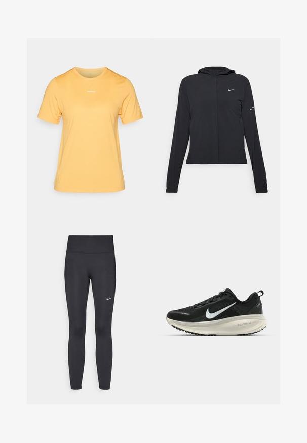 Casaco preto com capuz e mangas longas, feito de material leve. Apresenta um fecho dourado na frente, um logótipo da Nike e detalhes de design subtis.; T-shirt atlético amarelo de mangas curtas, feito de um tecido respirável, com um decote redondo e um pequeno logotipo branco na parte da frente.; Leggings pretos feitos de tecido elástico, com uma cintura alta e um logo branco da Nike na coxa esquerda. Textura suave, design ajustado ao corpo.; Sapatilha de corrida Nike preta com parte superior de malha respirável, logotipo Swoosh branco, detalhes texturizados e uma entressola ZoomX na cor creme.