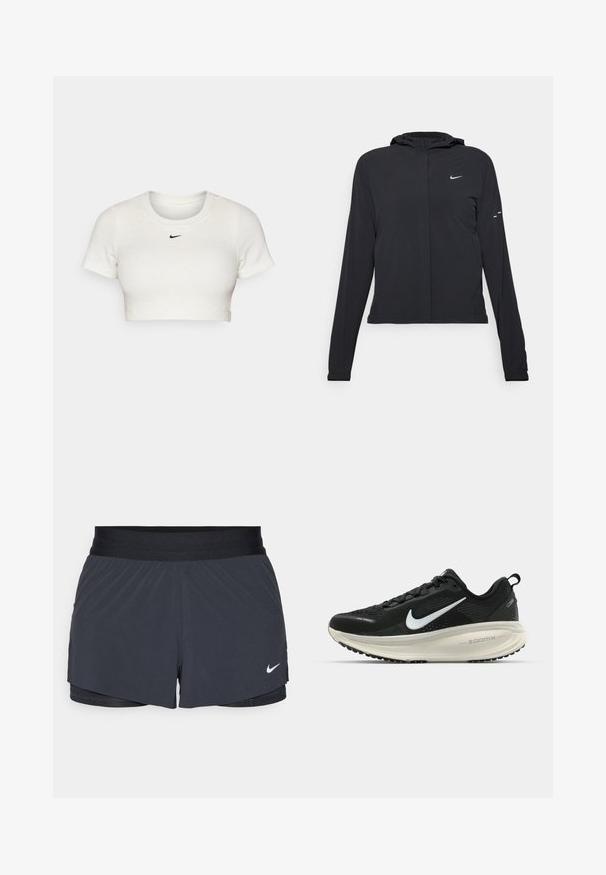 Jachetă neagră cu glugă, cu mâneci lungi, fabricată din material ușor. Dispune de un fermoar frontal, un logo Nike și accente de design subtile.; Tricou alb scurt, realizat dintr-un material din bumbac texturat, cu mâneci scurte și guler rotund; prezintă un mic logo Nike negru pe piept.; Shorts atletici negri, cu un elastic la talie, având un design stratificat și un mic logo alb Nike în partea stângă jos. Material ușor.; Pantofii de alergare negri de la Nike, cu parte superioară din plasă respirabilă, logo-ul alb Swoosh, detalii texturate și o talpă intermediară ZoomX de culoare crem.