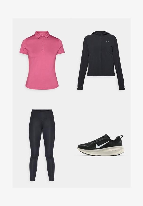 Giacca nera con cappuccio e maniche lunghe, realizzata in materiale leggero. Presenta una zip frontale, il logo Nike e accenti di design sottili.; Polo shirt rosa realizzato in tessuto morbido, con colletto, patta con sei bottoni e maniche corte. Design semplice e aderente con una finitura pulita.; Leggings neri realizzati in un tessuto liscio e elasticizzato. Vita alta senza motivi o dettagli visibili. Vestono aderenti dalla vita alle caviglie.; Scarpa da corsa nera Nike con tomaia in rete traspirante, logo Swoosh bianco, dettagli testurizzati e intersuola ZoomX di colore crema.