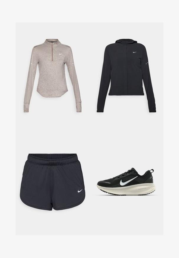 Schwarze Kapuzenjacke mit langen Ärmeln, aus leichtem Material gefertigt. Sie hat einen vorderen Reißverschluss, ein Nike-Logo und dezente Designelemente.; Helles braunes langärmliges Sportoberteil mit einem Viertel-Reißverschluss, strukturiertem Stoff und einem kleinen weißen Nike-Logo auf der Brust.; Schwarze Sportshorts aus leichtem, atmungsaktiven Material. Mit elastischem Bund und weißem Nike-Logo auf der unteren rechten Seite.; Schwarzer Nike-Laufschuh mit atmungsaktivem Mesh-Obermaterial, weißem Swoosh-Logo, strukturierten Details und einer cremefarbenen ZoomX-Zwischensohle.