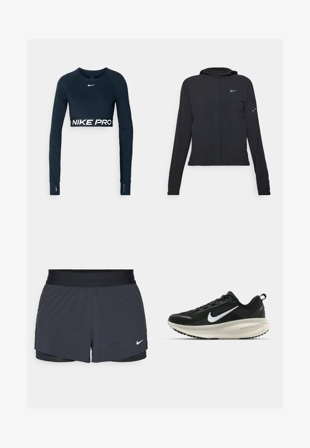 Schwarze Kapuzenjacke mit langen Ärmeln, aus leichtem Material gefertigt. Sie hat einen vorderen Reißverschluss, ein Nike-Logo und dezente Designelemente.; Langarm, cropped schwarzes Sportoberteil aus dehnbarem Material, mit weißem "NIKE PRO"-Text am Saum und Daumenöffnungen an den Ärmeln.; Schwarze Sportshorts mit elastischem Bund, ausgestattet mit einem geschichteten Design und einem kleinen weißen Nike-Logo unten links. Leichtes Material.; Schwarzer Nike-Laufschuh mit atmungsaktivem Mesh-Obermaterial, weißem Swoosh-Logo, strukturierten Details und einer cremefarbenen ZoomX-Zwischensohle.