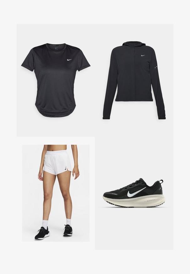 Must musta kapuutsiga jakk, millel on pikad varrukad ja mis on valmistatud kergetest materjalidest. Omab esitaskut, Nike logo ja kergelt silmatorkavaid disainiaktsente.; Must ootelise lühikeste varrukatega spordipolt, mis on valmistatud sileda ja hingava kangaga. Omab ümarat kaelust ja väikest valget Nike logo rinnal.; Valged spordipüksid soonilise vöökohaga, külgmiste lõhikute ja musta Nike logoga. Kandmiseks koos mustade spordijalatsite ja valgete sportlike sokkidega.; Musthave mustus Nike jooksujalats, millel on hingav võrgust ülemine osa, valge swoosh logo, tekstuuriga detailid ja kreemja värvusega ZoomX vahevöö.