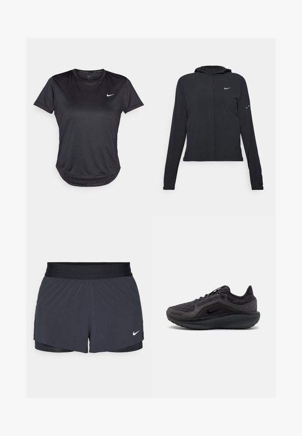 Fekete kapucnis dzseki hosszú ujjakkal, könnyű anyagból készült. Elülső cipzárral, Nike logóval és diszkrét dizájn elemekkel rendelkezik.; Fekete, rövid ujjú sportpóló sima, lélegző anyagból. Kerek nyakkivágással és egy kis fehér Nike logóval a mellkason.; Fekete sportnadrág elasztikus derékkal, réteges kialakítással és kis fehér Nike logóval a bal alsó részen. Könnyű anyag.; Fekete sportcipő steppelt felsőrésszel, textúrázott kiegészítőkkel és párnázott talppal. Jellemzője a kiemelkedő Nike logó és tartós talp.
