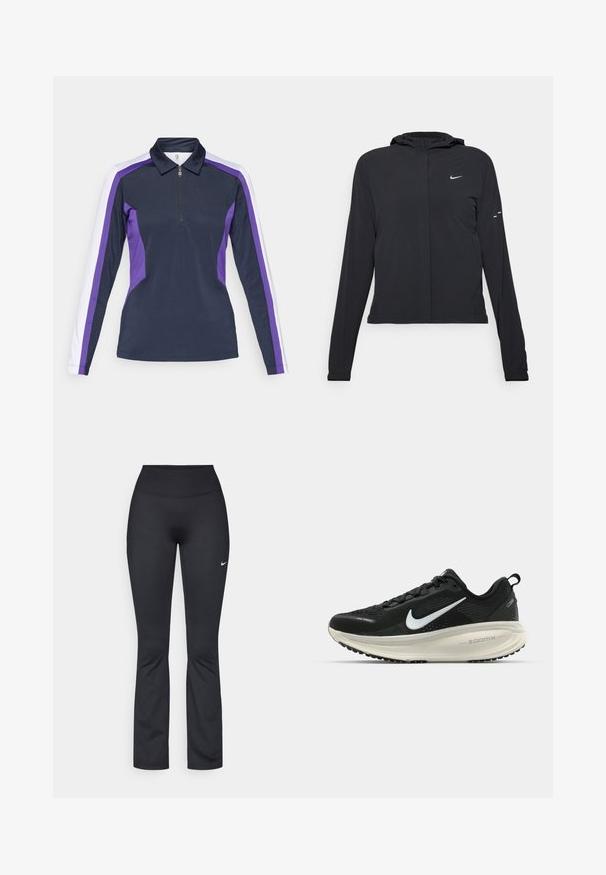 Must musta kapuutsiga jakk, millel on pikad varrukad ja mis on valmistatud kergetest materjalidest. Omab esitaskut, Nike logo ja kergelt silmatorkavaid disainiaktsente.; Tumesate polo-särk tumesinisel taustal, millel on purpurpunased ja valged külgpaneelid, varrukad on pikad ning särk on varustatud tõmblukuga kaeluse ja sportliku, lähedalt istuva disainiga. Siledast kangast tekstuur.; Mustad spordipüksid kõrge vöökohaga, valmistatud siledast ja venivast kangast. Vasakul reiel on väike valge Nike logo.; Musthave mustus Nike jooksujalats, millel on hingav võrgust ülemine osa, valge swoosh logo, tekstuuriga detailid ja kreemja värvusega ZoomX vahevöö.