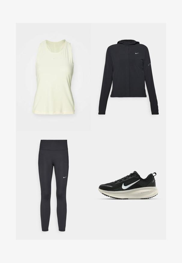 Casaco preto com capuz e mangas longas, feito de material leve. Apresenta um fecho dourado na frente, um logótipo da Nike e detalhes de design subtis.; Camisola de desporto sem mangas de cor amarelo claro, feita de um tecido suave, com um decote redondo e um pequeno logótipo branco no peito.; Leggings pretos feitos de tecido elástico, com uma cintura alta e um logo branco da Nike na coxa esquerda. Textura suave, design ajustado ao corpo.; Sapatilha de corrida Nike preta com parte superior de malha respirável, logotipo Swoosh branco, detalhes texturizados e uma entressola ZoomX na cor creme.