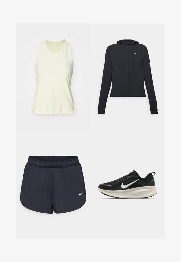 Črna kapuča s dolgimi rokavi, izdelana iz lahkega materiala. Ima sprednji zadrgo, logotip Nike in subtilne oblikovne detajle.; Svetlo rumena bezrukavna atletska majica napravljena od glatkog materijala, sa zaobljenim izrezom i malim belim logotipom na grudima.; Črne športne hlače iz lahkega, zračnega materiala. Imajo elastični pas in belo Nike logotip na spodnji desni strani.; Črne Nike tekaške čevlje z zračno mrežno zgornjim delom, belim logotipom Swoosh, teksturiranimi detajli in smetanasto barvnim srednjim delom ZoomX.