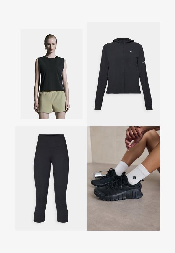Čierna kapucňová bunda s dlhou rukávou, vyrobená z ľahkého materiálu. Má predný zips, logo Nike a jemné dizajnové akcenty.; Čierny bezrukávový top s okrúhlym výstrihom, doplnený svetlými khaki šortkami s vysokým pásom. Hladká tkanina s voľným strihom.; Čierne skrátené legíny vyrobené z elastického materiálu, s vysokým pásom a hladkou textúrou, bez viditeľných vzorov alebo kovania.; Čierne športové topánky s textúrovanou látkou, šnurovací dizajn a výrazná podrážka, doplnené o biele rebrované ponožky s malým logom.