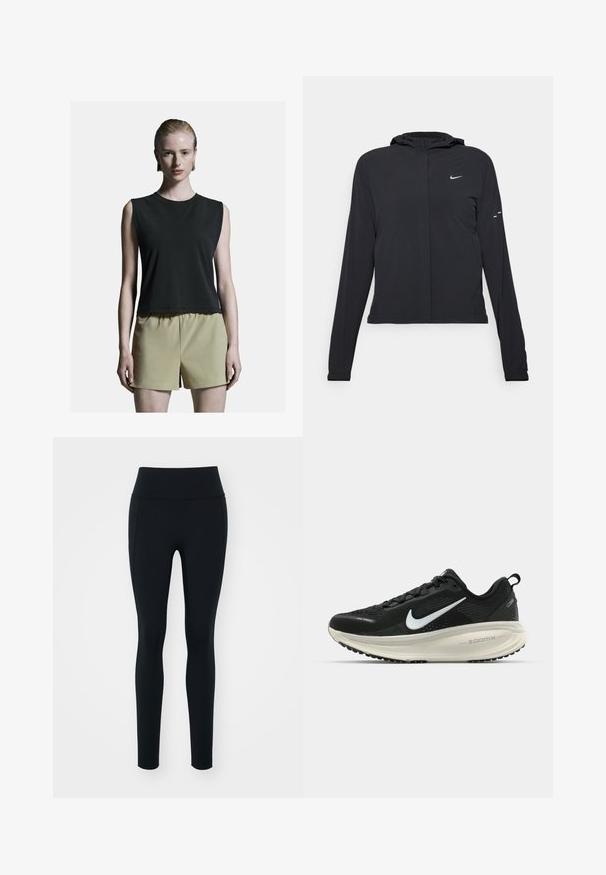 Must musta kapuutsiga jakk, millel on pikad varrukad ja mis on valmistatud kergetest materjalidest. Omab esitaskut, Nike logo ja kergelt silmatorkavaid disainiaktsente.; Musthave kaelusega must ilma käisteta pluus, millele on sobitatud heledad khaki kõrge vöökohtadega lühikesed püksid. Sile kangas ja mugav lõige.; Mustad mustad, mis on valmistatud venivast materjalist ja millel on kõrge vöökoht. Sile tekstuur, keha lähedane disain ja ei ole nähtavaid kaunistusi ega mustreid.; Musthave mustus Nike jooksujalats, millel on hingav võrgust ülemine osa, valge swoosh logo, tekstuuriga detailid ja kreemja värvusega ZoomX vahevöö.