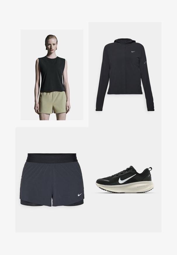 Black hooded jacket with long sleeves, made from lightweight material. Features a front zipper, a Nike logo, and subtle design accents.; Black sleeveless top with a rounded neckline, paired with light khaki high-waisted shorts. Smooth fabric with a relaxed fit.; Black athletic shorts with an elastic waistband, featuring a layered design and a small white Nike logo on the lower left. Lightweight material.; Black Nike running shoe with breathable mesh upper, white swoosh logo, textured detailing, and a cream-colored ZoomX midsole.