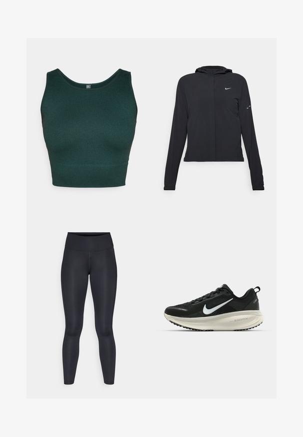 Chaqueta negra con capucha y mangas largas, hecha de un material ligero. Presenta un cierre frontal, un logo de Nike y acentos de diseño sutiles.; Top corto de canalé verde oscuro con escote redondo y tirantes anchos, hecho de un material de punto texturizado.; Leggings negros hechos de una tela suave y elástica. Cintura alta sin patrones ni acentos visibles. Se ajustan estrechamente desde la cintura hasta los tobillos.; Zapatilla de running Nike negra con parte superior de malla transpirable, logo Swoosh blanco, detalles texturizados y una entresuela ZoomX de color crema.