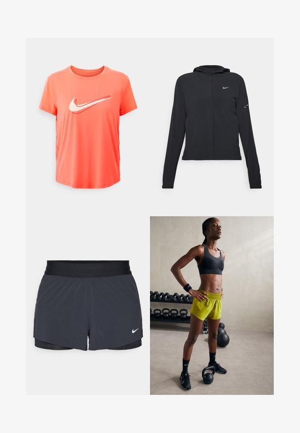 Casaco preto com capuz e mangas longas, feito de material leve. Apresenta um fecho dourado na frente, um logótipo da Nike e detalhes de design subtis.; T-shirt atlético de manga curta em corais brilhantes com o logotipo branco da Nike. Feito de material suave e leve com um decote redondo.; Calças curtas de atletismo pretas com um cós elástico, apresentando um design em camadas e um pequeno logótipo da Nike em branco no canto inferior esquerdo. Material leve.; Sutiã desportivo preto, calções amarelos brilhantes com cintura elástica, sapatos de atletismo pretos e pulseiras, de pé ao lado de kettlebells.