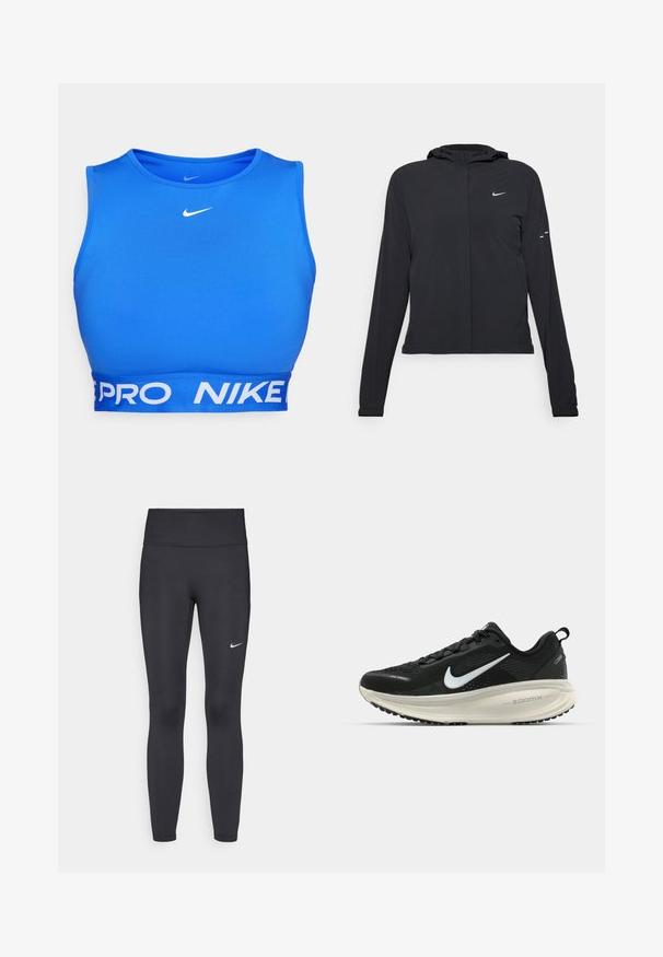 Sort hættetrøje med lange ærmer, lavet af letvægtsmateriale. Har en frontlynlås, et Nike-logo og subtile designaccenter.; Blå sports-bh lavet af glat stof, med rund halsudskæring, bred hvidt taljebånd med teksten "PRO" og "NIKE", samt logo på brystet.; Sorte leggings lavet af strækbart stof, med en høj talje og et hvidt Nike-logo på venstre lår. Glat tekstur, tætsiddende design.; Sort Nike løbesko med åndbart mesh-overdel, hvidt swoosh-logo, tekstureret detaljering og en cremede ZoomX mellemsål.