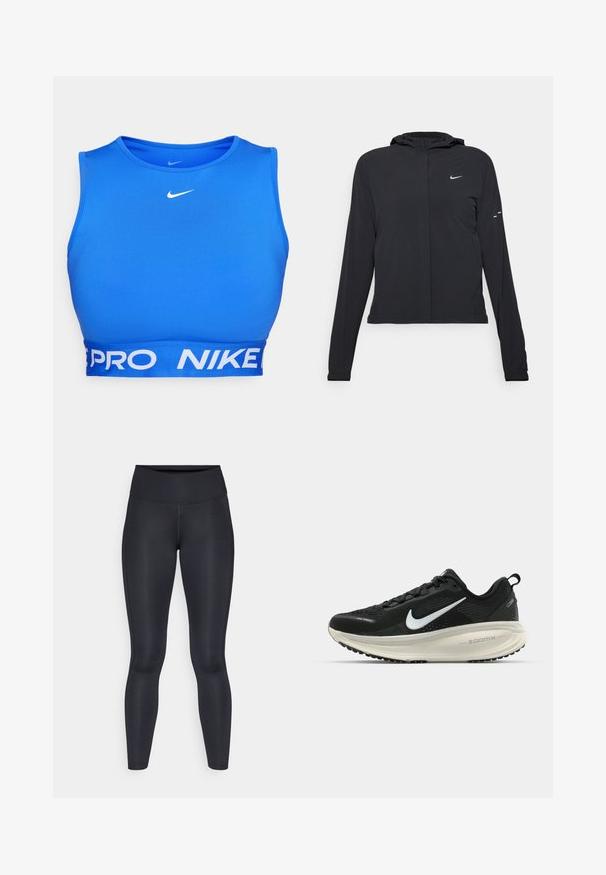 Casaco preto com capuz e mangas longas, feito de material leve. Apresenta um fecho dourado na frente, um logótipo da Nike e detalhes de design subtis.; Top desportivo azul feito de tecido suave, com um decote redondo, uma faixa branca larga com os textos "PRO" e "NIKE" e o logótipo no peito.; Leggings pretas feitos de um tecido liso e elástico. Cintura alta sem padrões ou detalhes visíveis. Ajustam-se de forma justa da cintura até os tornozelos.; Sapatilha de corrida Nike preta com parte superior de malha respirável, logotipo Swoosh branco, detalhes texturizados e uma entressola ZoomX na cor creme.