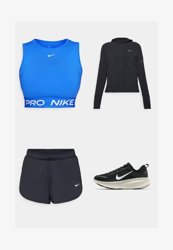 Crna jakna s kapuljačom i dugim rukavima, izrađena od laganog materijala. Ima prednji patentni zatvarač, Nike logo i suptilne dizajnerske detalje.; Plavi sportski grudnjak od glatkog materijala, s okruglim izrezom, debelim bijelim pojasom s natpisima "PRO" i "NIKE", te logotipom na prsima.; Crne atletske kratke hlače napravljene od laganog, prozračnog materijala. Imaju elastičnu traku u struku i bijeli Nike logo na donjoj desnoj strani.; Crne Nike trkačke tenisice s prozračnom mrežastom gornjom konstrukcijom, bijelim swoosh logotipom, teksturiranim detaljima i kremastom ZoomX srednjom potplatnom jedinicom.