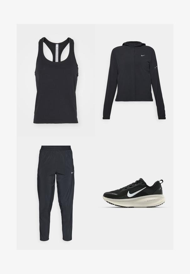 Mustassa hupparissa on pitkät hihat, ja se on valmistettu kevyestä materiaalista. Siinä on edessä vetoketju, Nike-logo ja hillityt muotoiluyksityiskohdat.; lululemon SWIFTLY TECH RACERBACK TANK - Toppi - black black; Mustat urheiluhousut, joissa on elastinen vyötärö, kapenevat lahkeet ja pieni valkoinen logo vasemmassa reidessä. Kevyt, sileä kangas.; Mustat Nike-juoksukengät, joissa on hengittävä verkko-osa, valkoinen swoosh-logo, teksturoitu yksityiskohtaus ja kermaisen värinen ZoomX-välipohja.