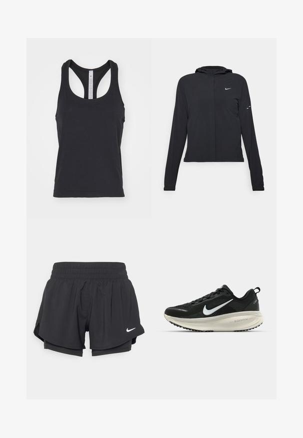 Jachetă neagră cu glugă, cu mâneci lungi, fabricată din material ușor. Dispune de un fermoar frontal, un logo Nike și accente de design subtile.; lululemon SWIFTLY TECH RACERBACK TANK - Top - black black; Pantaloni scurți sport negri cu talie elastică, căptușeală interioară și fante pe laterale. Prezintă un logo alb Nike în partea din față stângă.; Pantofii de alergare negri de la Nike, cu parte superioară din plasă respirabilă, logo-ul alb Swoosh, detalii texturate și o talpă intermediară ZoomX de culoare crem.