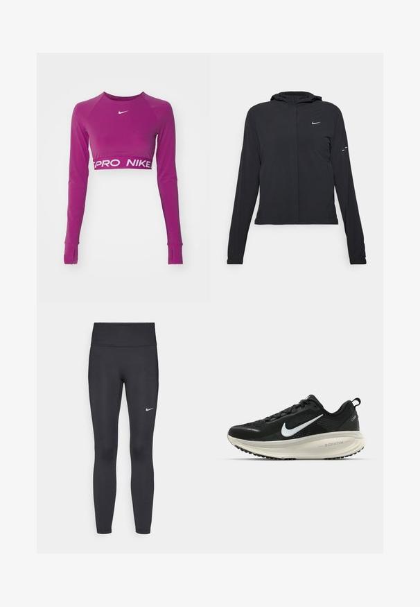 Svart hettegenser med lange ermer, laget av lett materiale. Har glidelås foran, Nike-logo og subtile design detaljer.; Lilla langermet crop topp laget av elastisk materiale. Har en rund hals og en hvit "PRO NIKE" logo på midjebåndet.; Sorte leggings laget av elastisk stoff, med høy livlinje og en hvit Nike-logo på venstre lår. Glatt tekstur, kroppsnær passform.; Svart Nike løpesko med pustende mesh-overdel, hvit swoosh-logo, teksturert detaljer og en kremfarget ZoomX mellomsåle.
