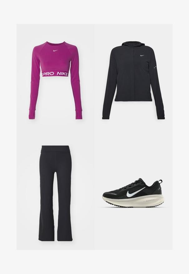 Juodas gobtuvas striukė su ilgomis rankovėmis, pagaminta iš lengvo audinio. Pasižymi priekiniais užtrauktukais, Nike logotipu ir subtiliais dizaino akcentais.; Violet ilgomis rankovėmis trumpas viršus, pagamintas iš tamprios medžiagos. Turi apvalų iškirpimą ir baltą "PRO NIKE" logotipą ant juosmens.; Juodos platėjančios kelnės, pagamintos iš tamprių audinių, su aukštu juosmeniu. Turi švarias linijas ir glotnų tekstūrą, tinkamos kasdieniam dėvėjimui.; Juodas Nike sportinis batelis su kvėpuojančiu tinklu, baltu swoosh logotipu, tekstūruoto dizaino detalėmis ir grietinėlės spalvos ZoomX viduriu.