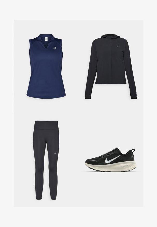 Mustassa hupparissa on pitkät hihat, ja se on valmistettu kevyestä materiaalista. Siinä on edessä vetoketju, Nike-logo ja hillityt muotoiluyksityiskohdat.; Merinavy-sävyinen hihaton urheilupaita, jossa on V-pääntie. Valmistettu sileästä, kosteutta siirtävästä kankaasta; sisältää litteät saumat ja pienen logon vasemmassa rinnassa.; Mustat leggingsit joustavasta kankaasta, joissa on korkea vyötärö ja valkoinen Nike-logo vasemmassa reidessä. Sileä pinta, muotoaan myötäilevä suunnittelu.; Mustat Nike-juoksukengät, joissa on hengittävä verkko-osa, valkoinen swoosh-logo, teksturoitu yksityiskohtaus ja kermaisen värinen ZoomX-välipohja.