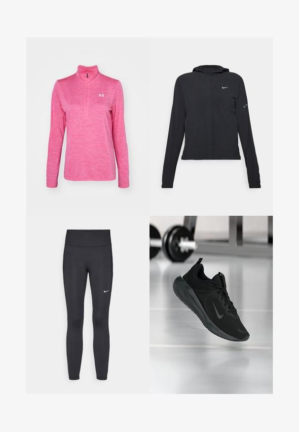 Svart huva jacka med långa ärmar, gjord av lätt material. Har en framdragare, en Nike-logotyp och subtila designelement.; Rosa långärmad pullover med fjärdedelsdragkedja, tillverkad av texturerad tyg, med en liten vit logotyp på vänster bröst och en ståkrage.; Svarta leggings i elastiskt material, med hög midja och en vit Nike-logga på vänster lår. Slät textur, figurnära design.; Svarta sportskor med Nike-logotyp, visade mitt i luften på gymgolvet, med en suddig hantelställning i bakgrunden.