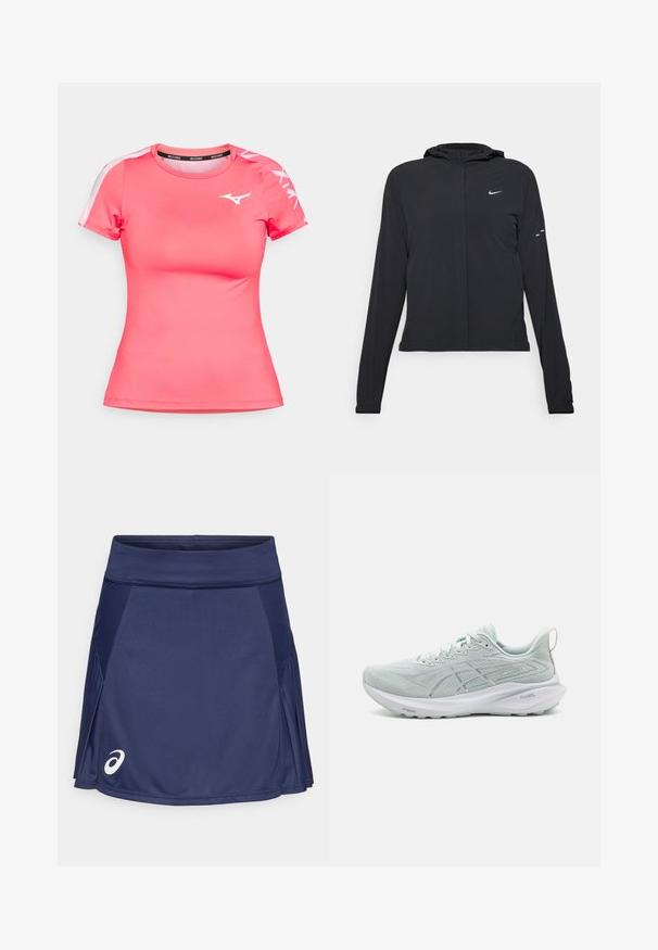 Czarna kurtka z kapturem, z długimi rękawami, wykonana z lekkiego materiału. Posiada zamek błyskawiczny z przodu, logo Nike oraz subtelne akcenty wzornicze.; Różowa koszulka sportowa wykonana z gładkiego, oddychającego materiału. Posiada krótkie rękawy, okrągły dekolt oraz białe logo na piersi i rękawach.; Granatowa spódniczka tenisowa wykonana z mieszanki poliestru, z gładkim paskiem w talii, plisowanym fasonem oraz białym logo na dolnej lewej części przodu.; Jasnoniebieski but do biegania z oddychającą siateczką u góry, delikatnymi wzorami, białą wkładką i teksturowaną gumową podeszwą. Posiada sznurowany design.