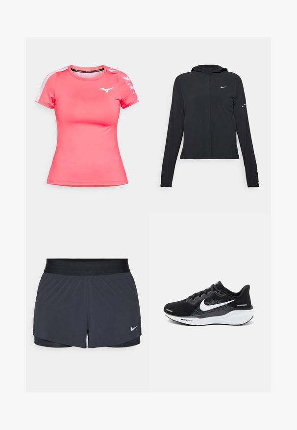 Black hooded jacket with long sleeves, made from lightweight material. Features a front zipper, a Nike logo, and subtle design accents.; Pink athletic shirt made from smooth, breathable fabric. Features short sleeves, a crew neckline, and a white logo on the chest and sleeves.; Black athletic shorts with an elastic waistband, featuring a layered design and a small white Nike logo on the lower left. Lightweight material.; Black athletic shoe featuring a mesh upper, a white Nike swoosh, and a white cushioned sole with textured details.