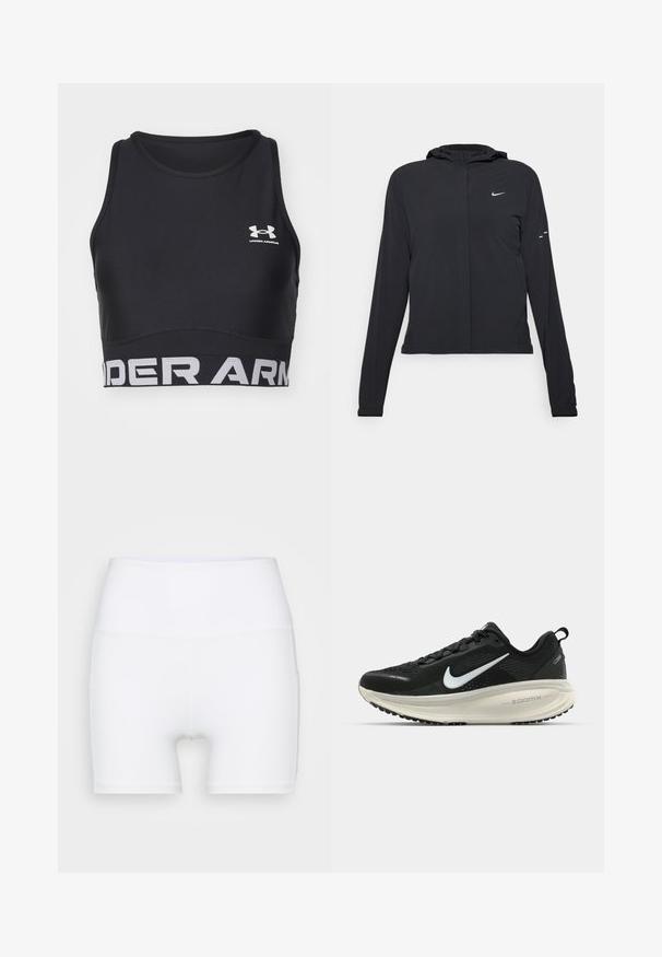 Svart hettegenser med lange ermer, laget av lett materiale. Har glidelås foran, Nike-logo og subtile design detaljer.; Svart sports-bh laget av glatt, lett stoff. Har rund hals, bred elastisk kant med "UNDER ARMOUR" i hvitt, og er uten ermer.; Hvite høyt midjeforfatne shorts laget av stretch-stoff. Har en jevn tekstur og en tettsittende design, uten ekstra mønstre eller utstyr.; Svart Nike løpesko med pustende mesh-overdel, hvit swoosh-logo, teksturert detaljer og en kremfarget ZoomX mellomsåle.