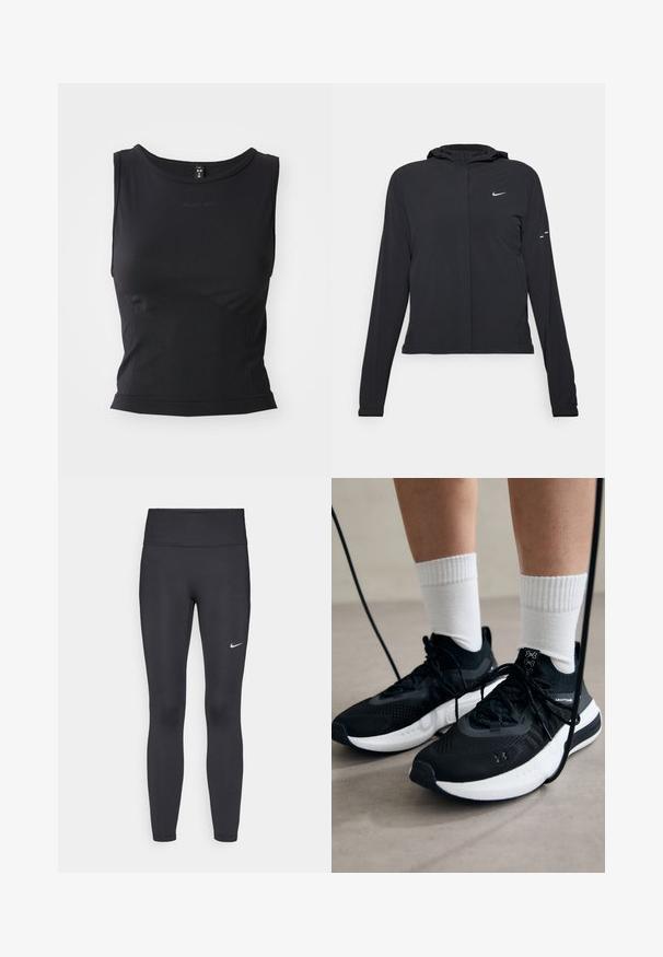Mustassa hupparissa on pitkät hihat, ja se on valmistettu kevyestä materiaalista. Siinä on edessä vetoketju, Nike-logo ja hillityt muotoiluyksityiskohdat.; Mustat hihattomat urheilupaidat, jotka on valmistettu sileästä kankaasta, jossa on pyöreä pääntie ja istuva siluetti, jossa on huomaamaton logotyyppitys.; Mustat leggingsit joustavasta kankaasta, joissa on korkea vyötärö ja valkoinen Nike-logo vasemmassa reidessä. Sileä pinta, muotoaan myötäilevä suunnittelu.; Mustat urheilukengät, joissa on teksturoitua kangasta, valkoiset pohjat ja mustat nauhat. Yhdistetty valkoisten urheilusukkien kanssa, seisten vaalealla pinnalla.