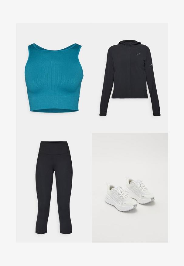 Crna jakna s kapuljačom i dugim rukavima, izrađena od laganog materijala. Ima prednji patentni zatvarač, Nike logo i suptilne dizajnerske detalje.; Tirkizna rebrasta kratka majica bez rukava s okruglim izrezom i širokim naramenicama, izrađena od rastezljivog materijala za prilagođeni izgled. Ima teksturiranu površinu.; Crne skraćene tajice od rastezljivog materijala, s visokim strukom i glatkom teksturom, bez vidljivih uzoraka ili dodataka.; Bijele sportske tenisice s teksturiranim mrežastim gornjim dijelom, podstavljenom potplatom i suptilnim sivim naglascima. Uključuju brendiranje i petlju na peti za lakše obuvanje.