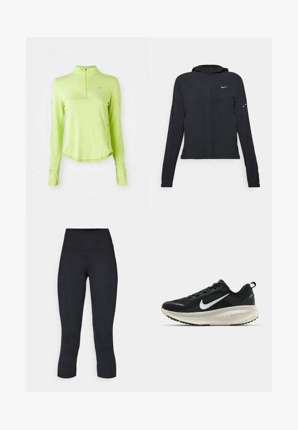 Melnā kapuci jaka ar garām piedurknēm, izgatavota no viegla materiāla. Tam ir priekšējais rāvējslēdzis, Nike logo un smalki dizaina akcenti.; Gaiši zaļš garām piedurknēm sporta krekls ar ceturtdaļas rāvējslēdzēju, apaļu kakla izgriezumu, pirkstu caurumiem piedurknēs un mazu atstarojošu Nike logotipu uz krūškurvja.; Melnas apgrieztas legingi, izgatavoti no elastīga auduma, ar augstu jostasvietu un gludu tekstūru, bez redzamām rakstu vai aksesuāriem.; Melnas Nike skriešanas kurpes ar elpojošu acs augšdaļu, baltu Swoosh logotipu, strukturētu apdari un krēmkrāsas ZoomX starpsole.