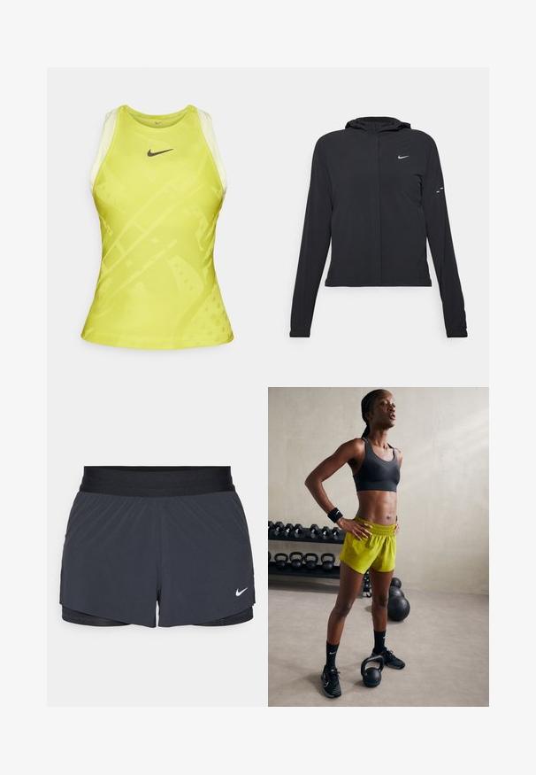 Casaco preto com capuz e mangas longas, feito de material leve. Apresenta um fecho dourado na frente, um logótipo da Nike e detalhes de design subtis.; Top de treino feminino da Nike, amarelo vivo com design texturizado. Estilo com costas nadador, apresentando um pequeno logotipo preto no peito e alças em contraste.; Calças curtas de atletismo pretas com um cós elástico, apresentando um design em camadas e um pequeno logótipo da Nike em branco no canto inferior esquerdo. Material leve.; Sutiã desportivo preto, calções amarelos brilhantes com cintura elástica, sapatos de atletismo pretos e pulseiras, de pé ao lado de kettlebells.