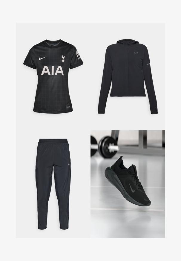 Must musta kapuutsiga jakk, millel on pikad varrukad ja mis on valmistatud kergetest materjalidest. Omab esitaskut, Nike logo ja kergelt silmatorkavaid disainiaktsente.; Must mustreid, millel on ruuduline muster, ümmargune kaelus, lühikesed varrukad ning Nike ja Tottenham Hotspuri logod.; Mustad mustrenid spordipüksid elastse vööga, kitsendatud säärtega ja väikese valge logoga vasakul reitel. Kerge ja sile kangas.; Mustad mustang spordijalatsid Nike logo'ga, õhus spordisaali põrandal, häguste hantlite riiulitega taustal.